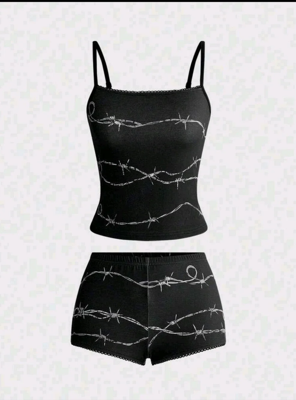 ROMWE Black Cami & Short Set with White Barbed-Wire Print